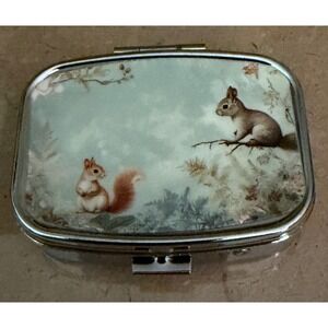 Squirrel Woodland Scene Pill Box Organizer Silver Tone Two Compartment New